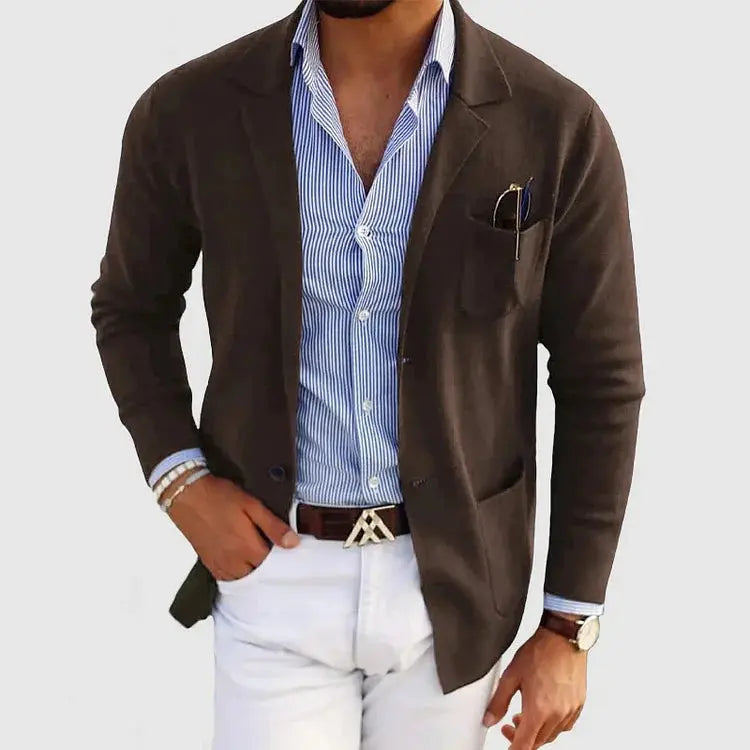 Devin Mens Knit Blazer with Notched Lapel in Brown