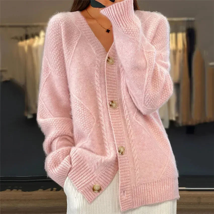 Éléonore Womens V-Neck Knit Cardigan Sweater in Pink