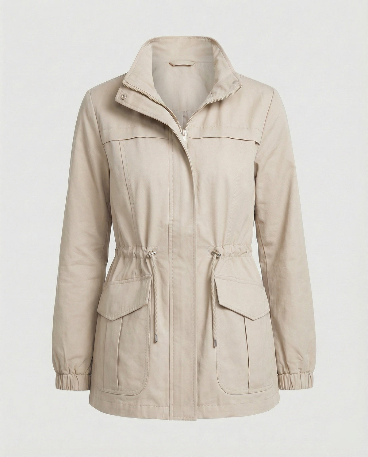 Anna Womens Utility Jacket with Drawstring Waist in Beige