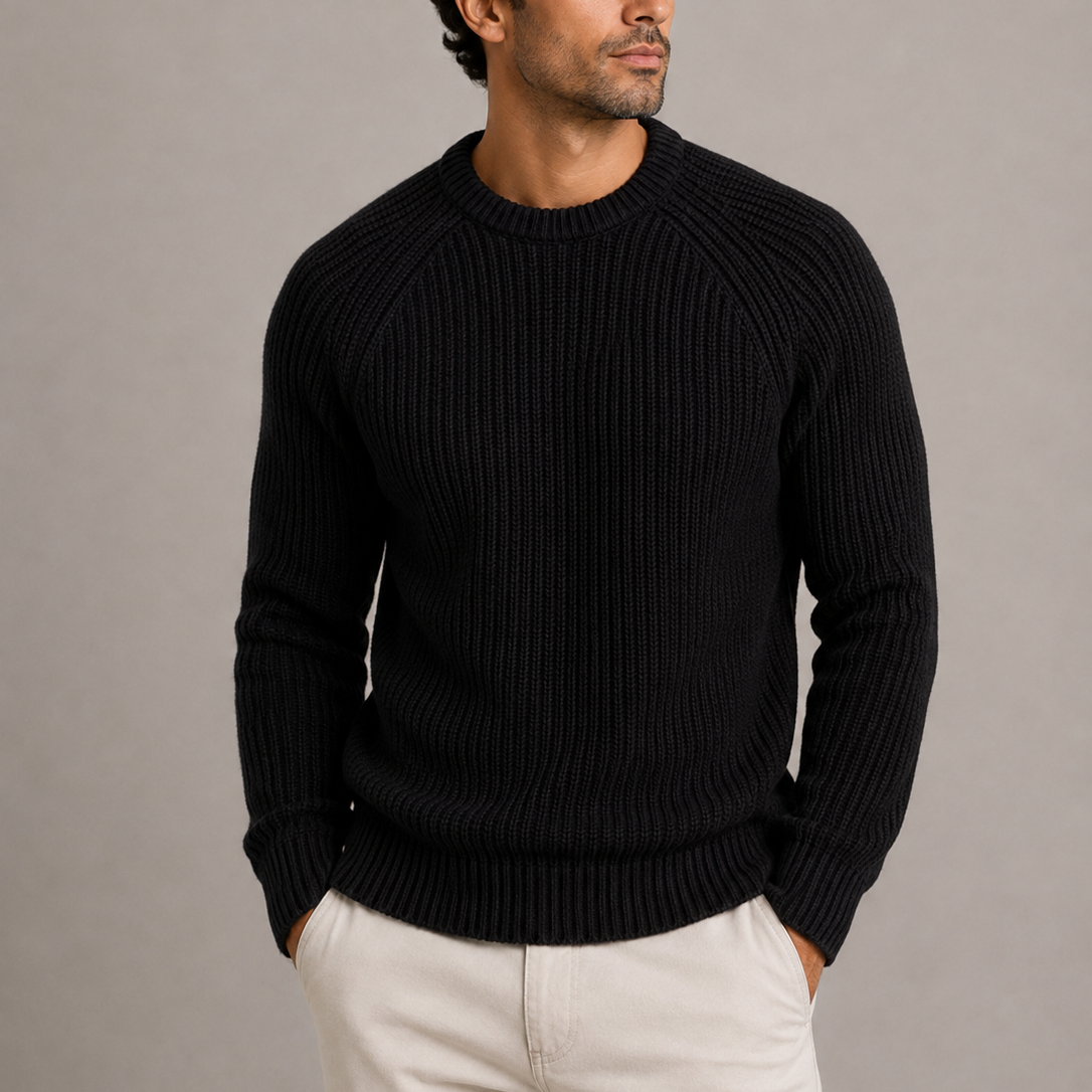 Grant Mens Heavyweight Fisherman Rib Knit Sweater in Black