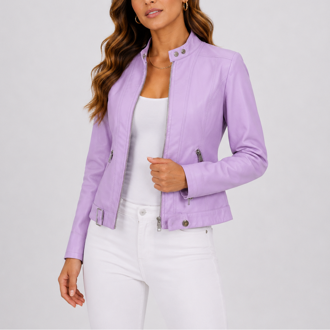 Kara Womens Faux Leather Jacket with Zip Pockets in Purple