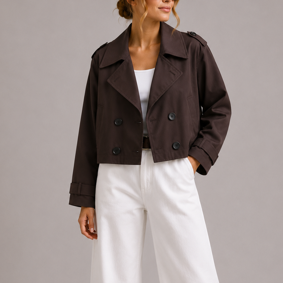 Megan Womens Cropped Trench Coat Jacket in Brown