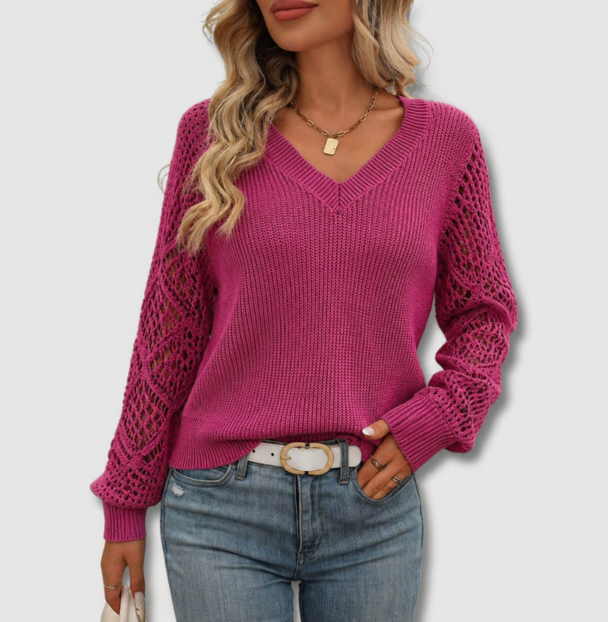 Women's V-Neck Sweater, Flattering Silhouette | Elongating Neckline, Soft-Touch Layer | Pink, White or Black | S–XL
