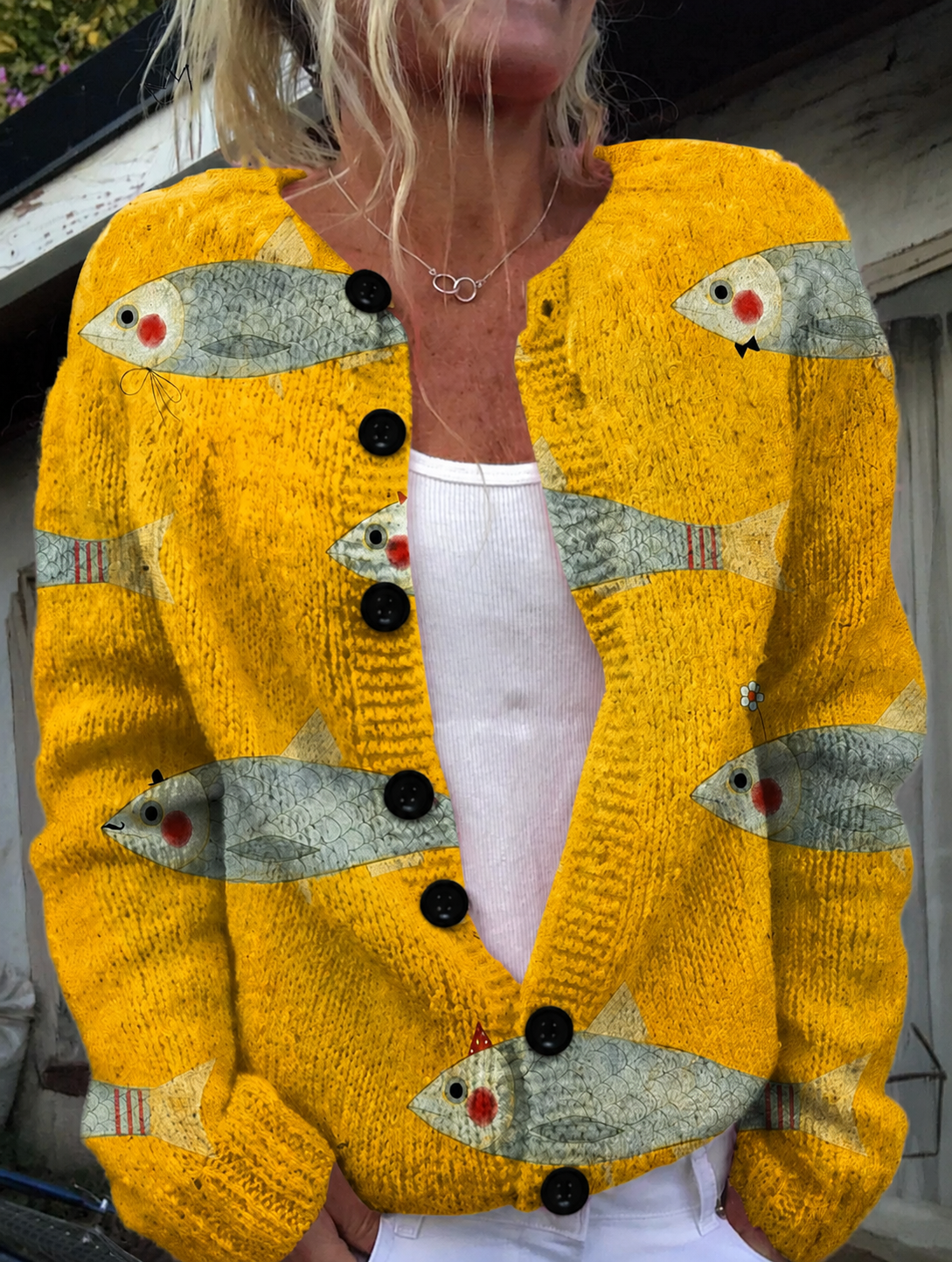 Tivaine | Women's Fish Print Cardigan Sweater — Novelty Button-Front Knit Layer | Westmere