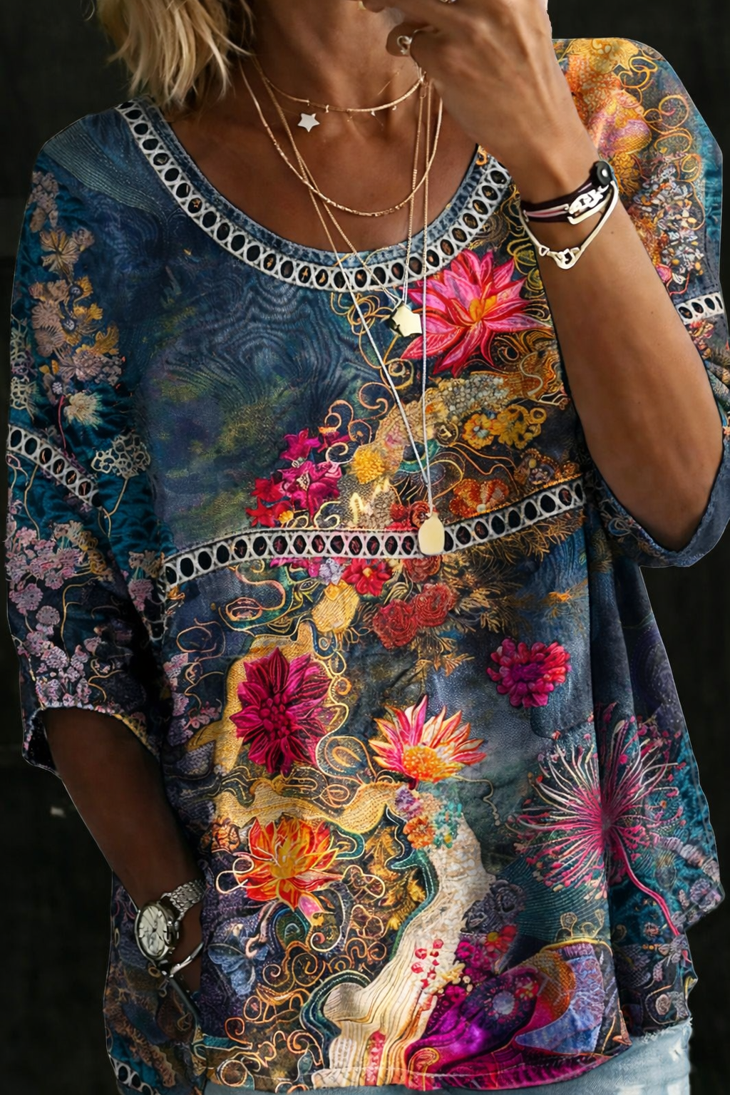 Shara™ | Vintage Floral Denim Blouse