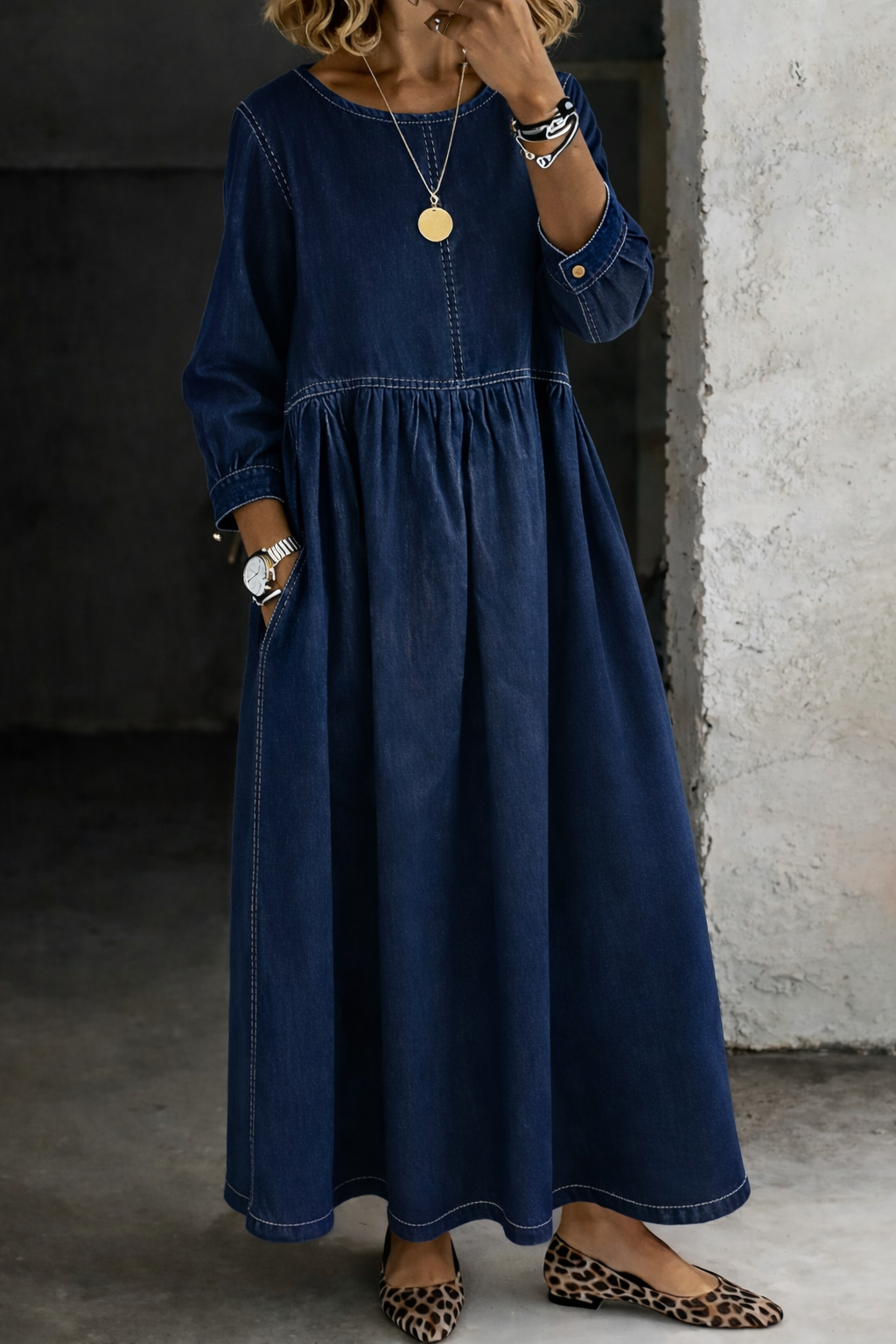 Arianie™ | Round Neck Long Sleeve Denim Dress