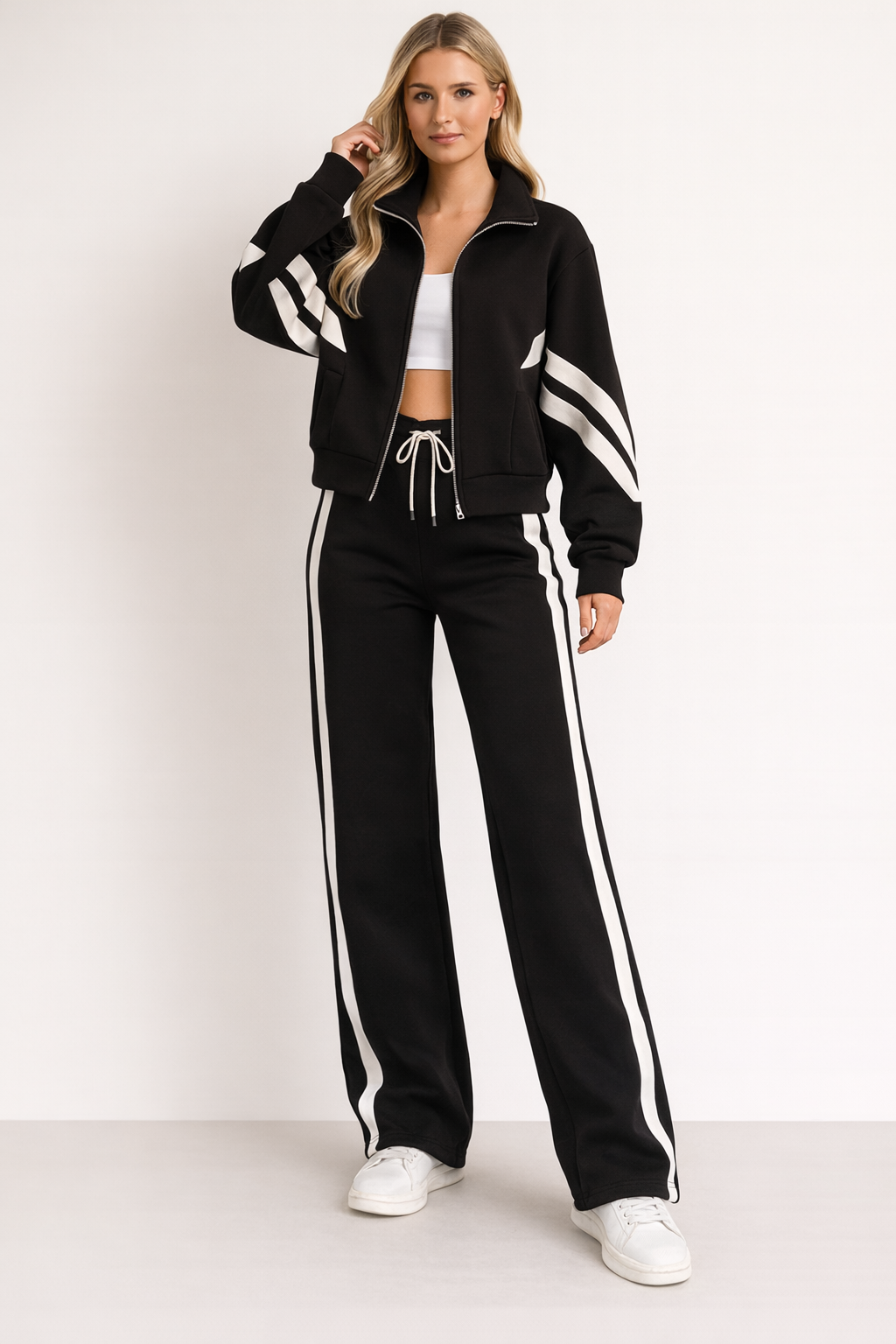 Sara Womens Tracksuit Set with Wide Leg Pants and Zip Jacket in Black