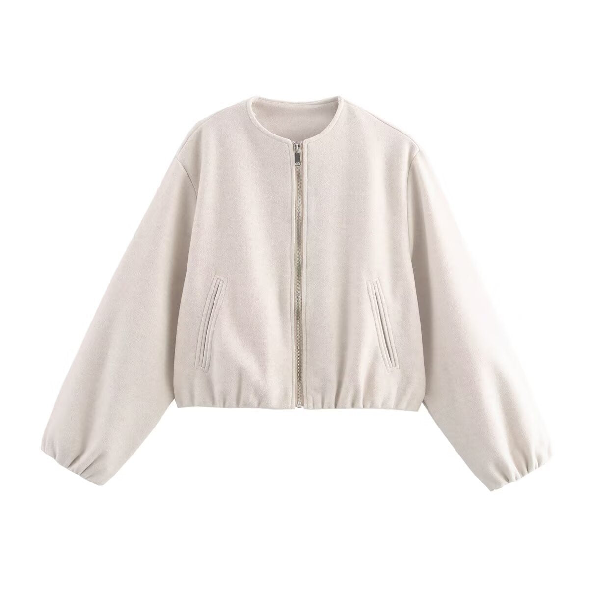 Renee Womens Cropped Bomber Jacket with Ribbed Hem and Cuffs in Beige