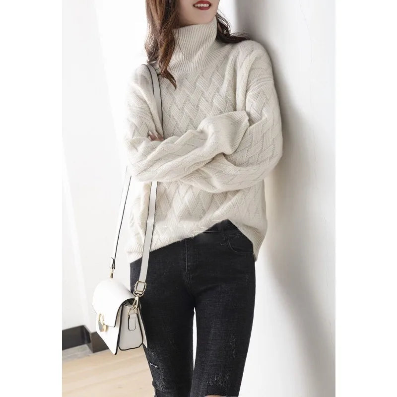 Cassandra Womens Turtleneck Sweater with Woven Pattern