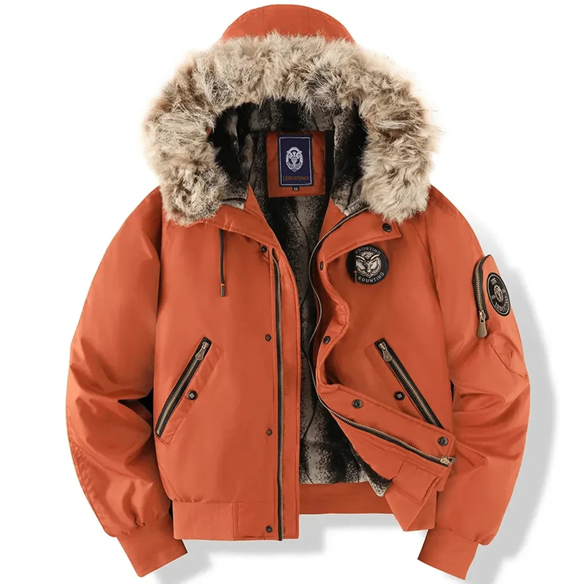 Will Mens Faux Fur Jacket, Quilted Bomber with Hood in Orange