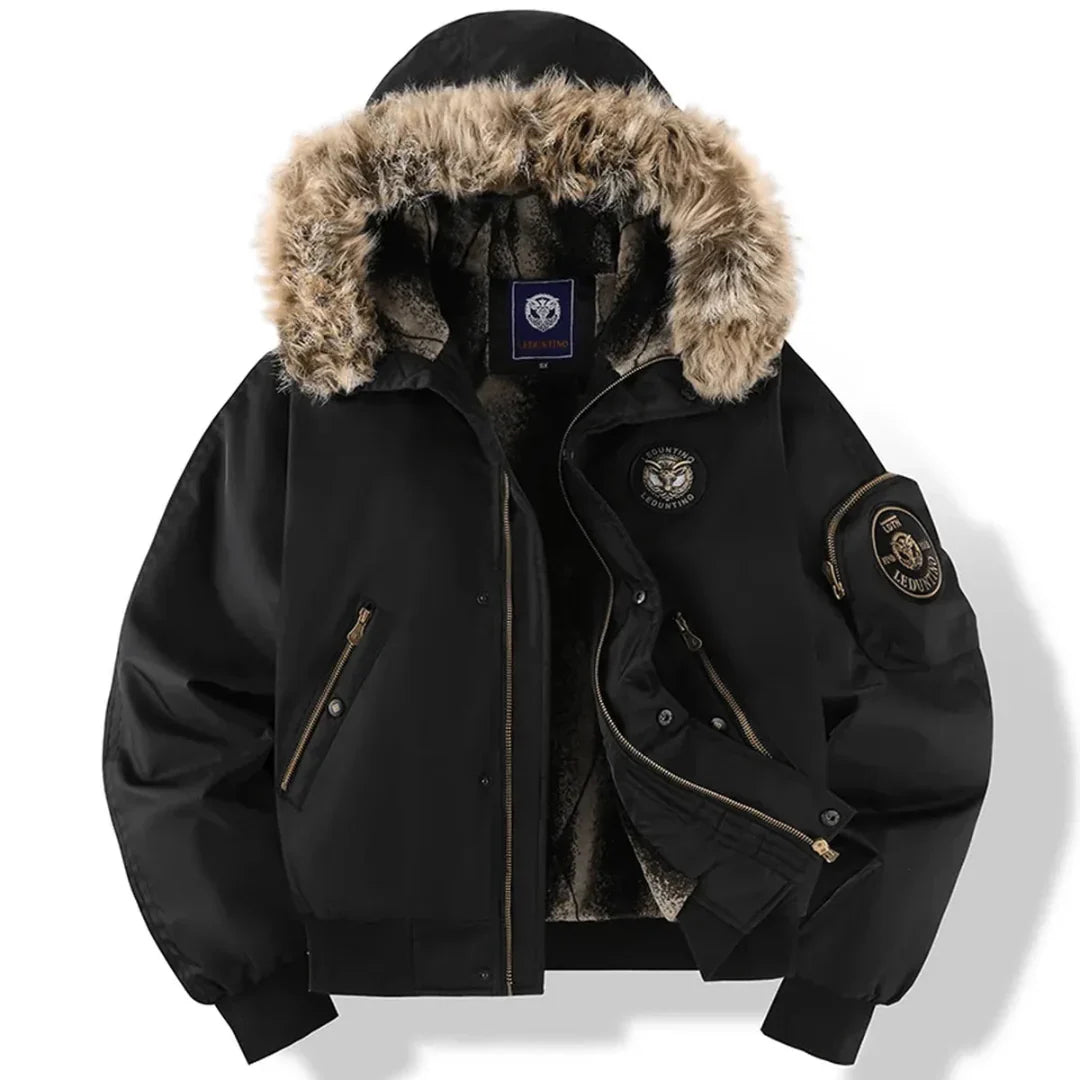 Will Mens Faux Fur Jacket, Quilted Bomber with Hood in Black