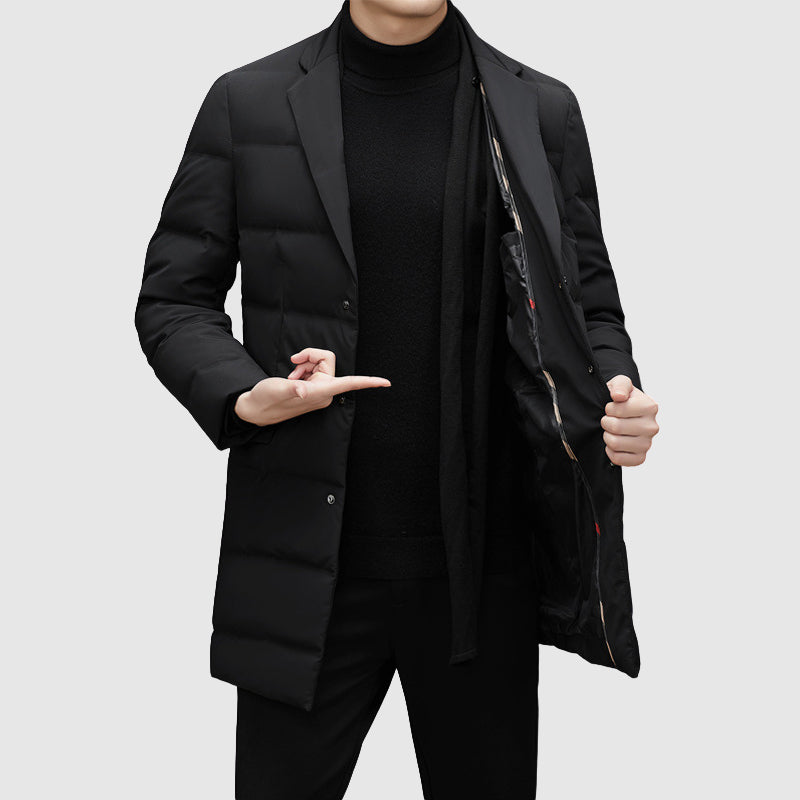 Men's Winter Down Jacket, Duck Down Filled | Tailored Lapel Collar, Button-Front & Side Pockets | Black | S–XXL