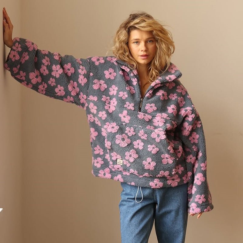 Erica Womens Floral Teddy Fleece Jacket with Half Zip in Pink