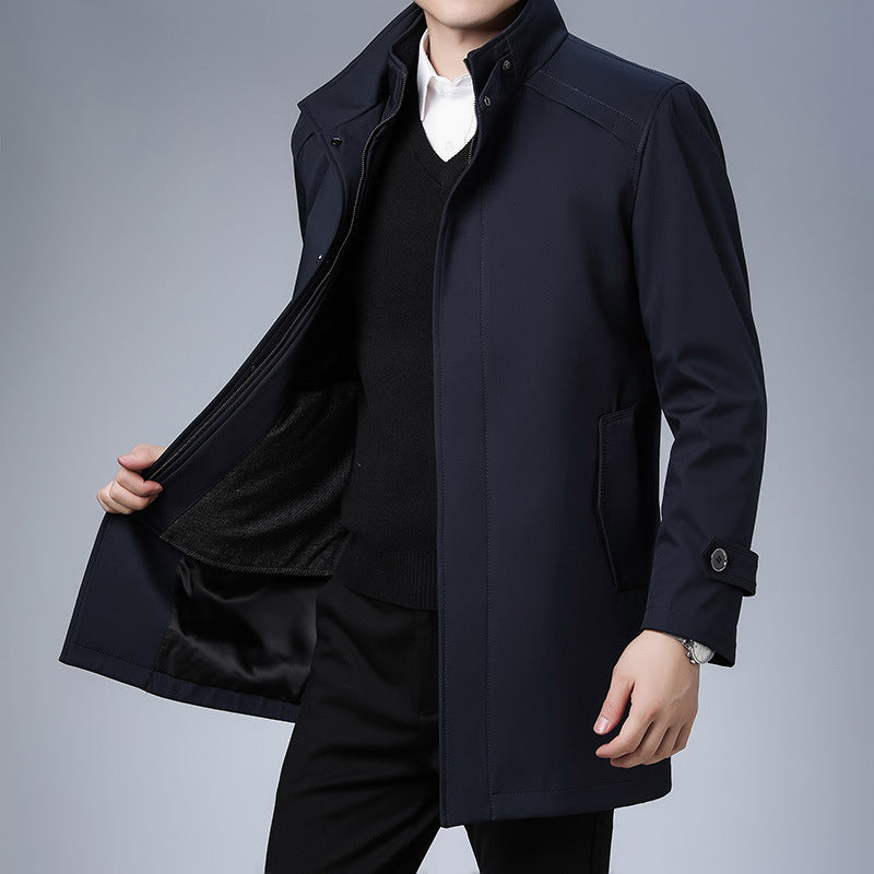 Men's Business Coat, Stand Collar & Zip Placket | No-Iron Poly Blend, Loose Fit | Khaki or Blue | S–XXL