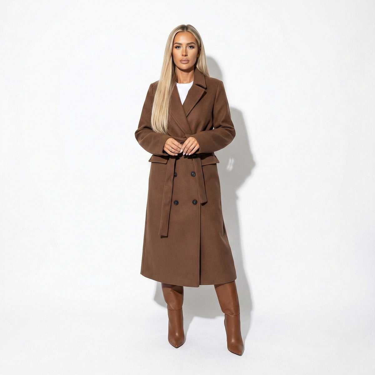 Veronica Womens Long Lapel Coat for Winter in Brown