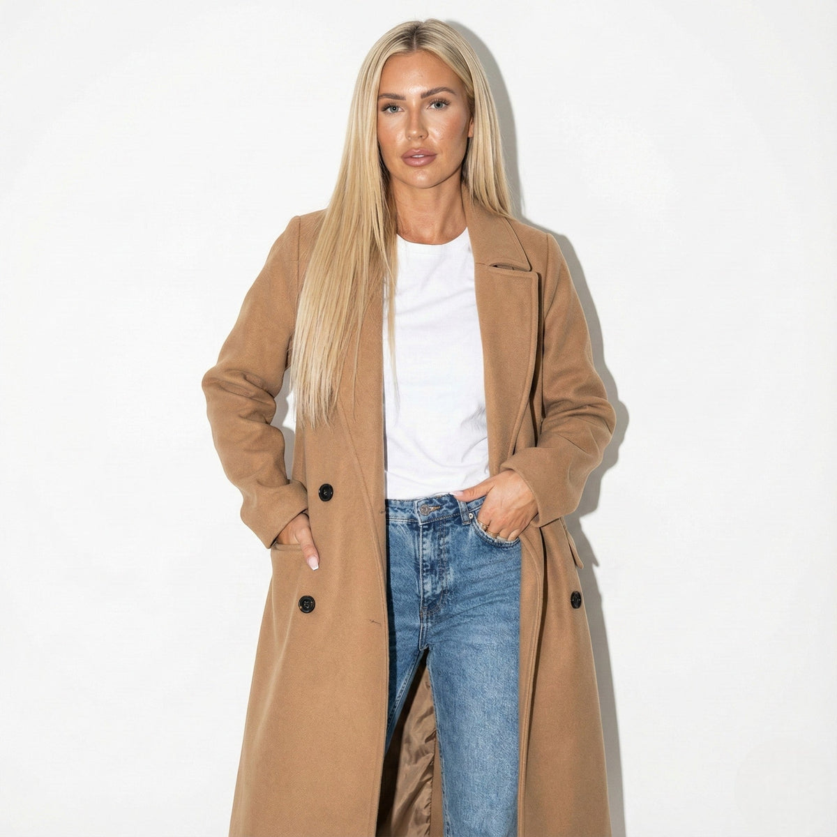 Veronica Womens Long Lapel Coat for Winter in Light Brown