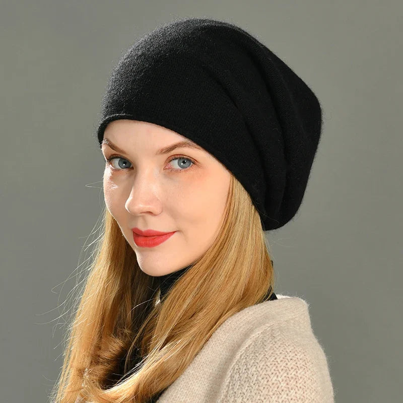 Samantha Womens Cashmere Wool Beanie in Black
