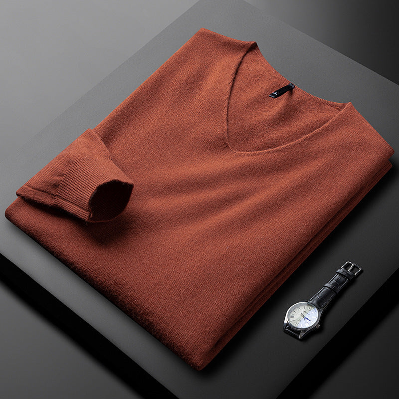 Martin Mens Merino Wool Cashmere V-Neck Sweater in Orange Red