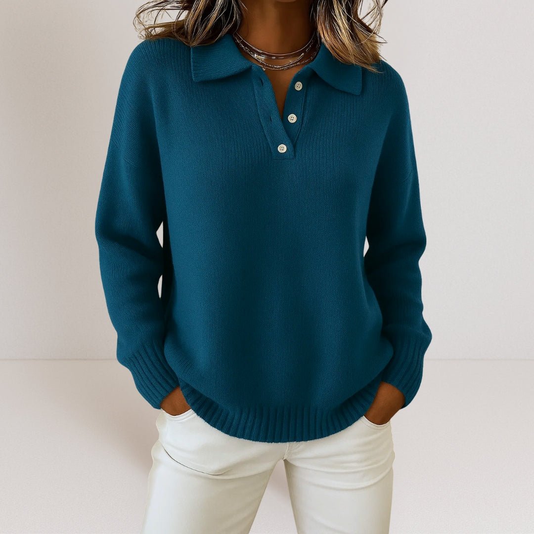 Holly Womens Knit Sweater with Polo Collar and Button Placket in Navy