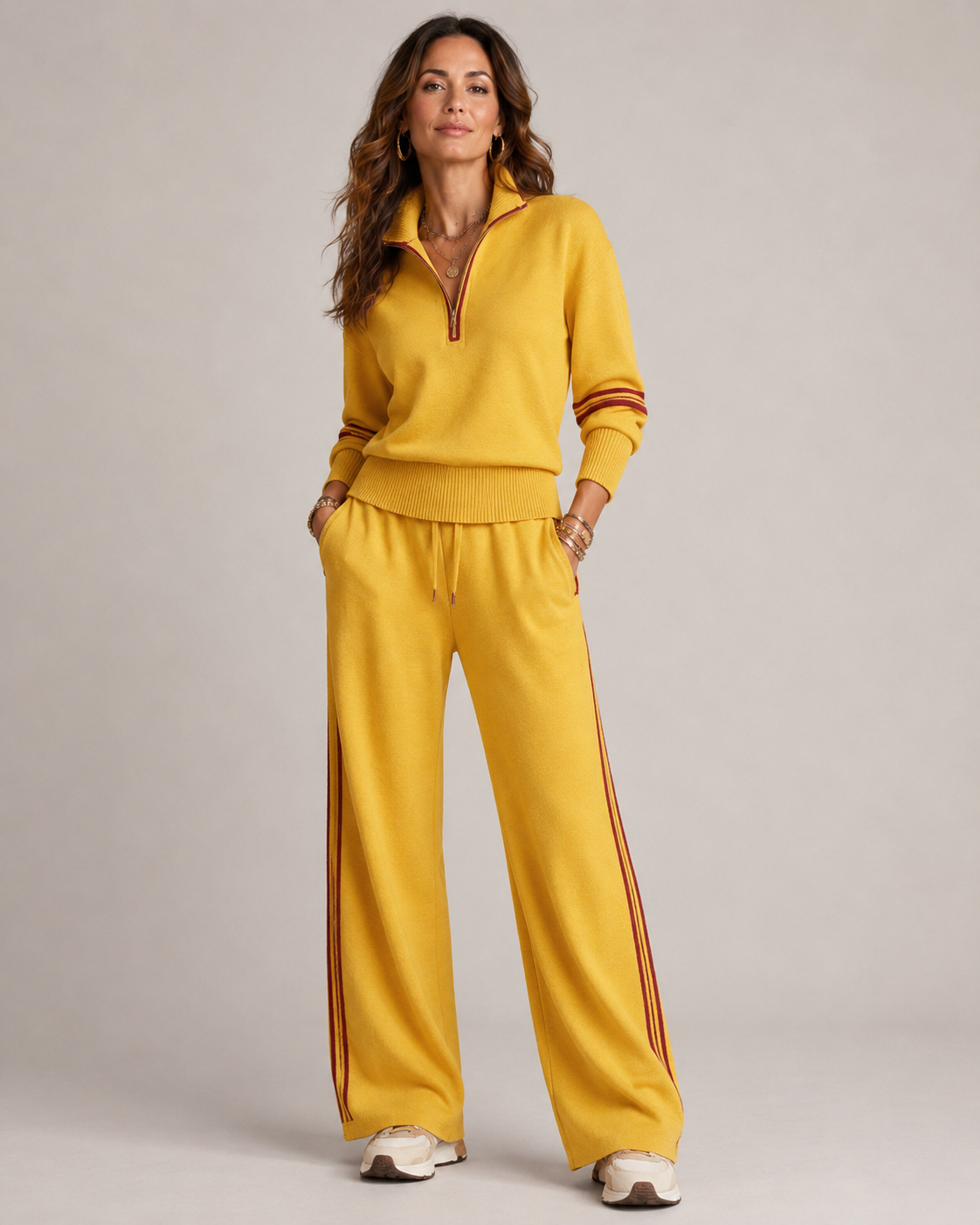 Meredith Womens Knit Two-Piece Set with Quarter-Zip Sweater in Yellow