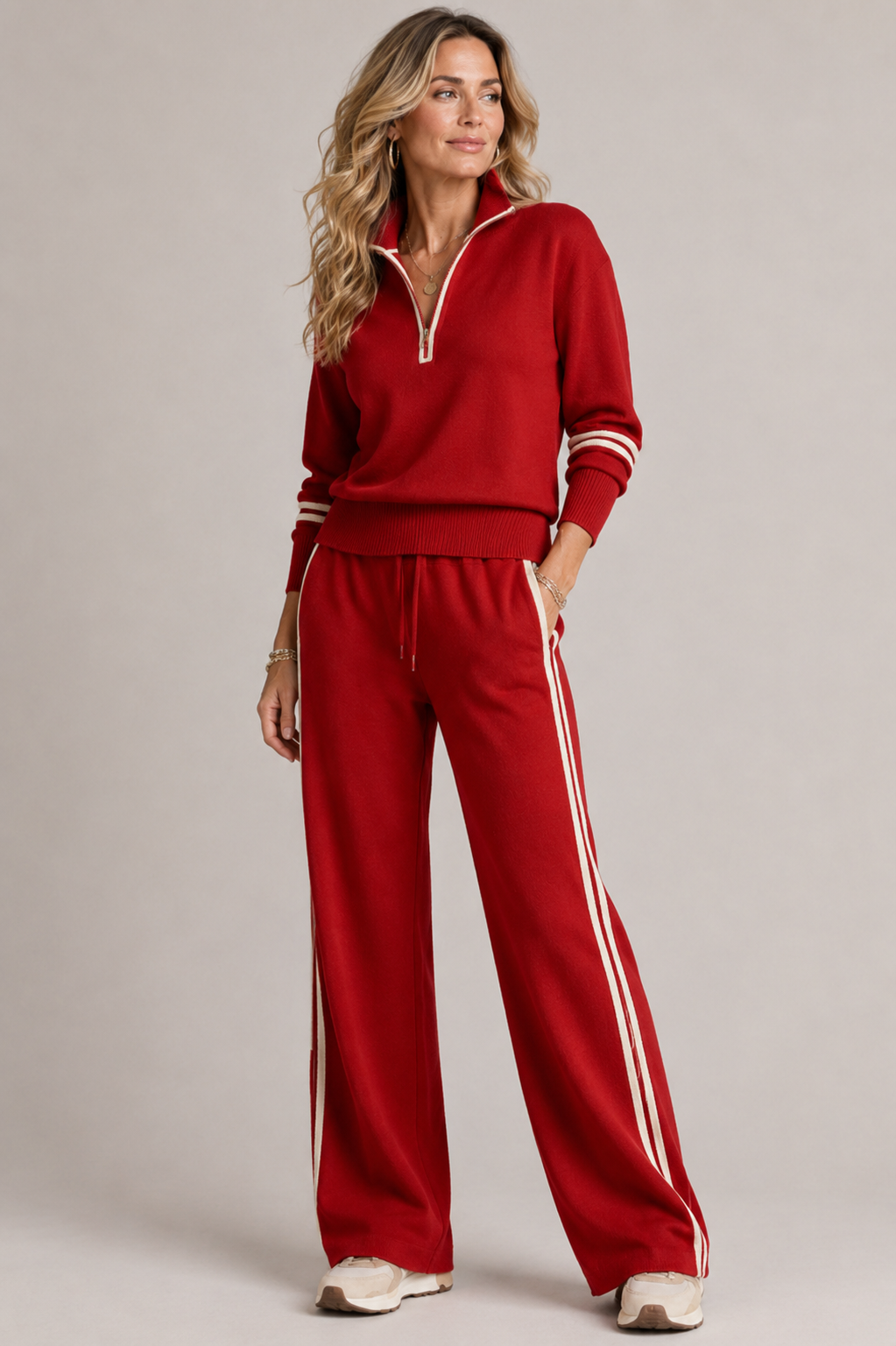 Meredith Womens Knit Two-Piece Set with Quarter-Zip Sweater in Red