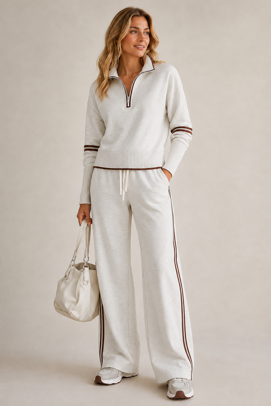 Meredith Womens Knit Two-Piece Set with Quarter-Zip Sweater in White
