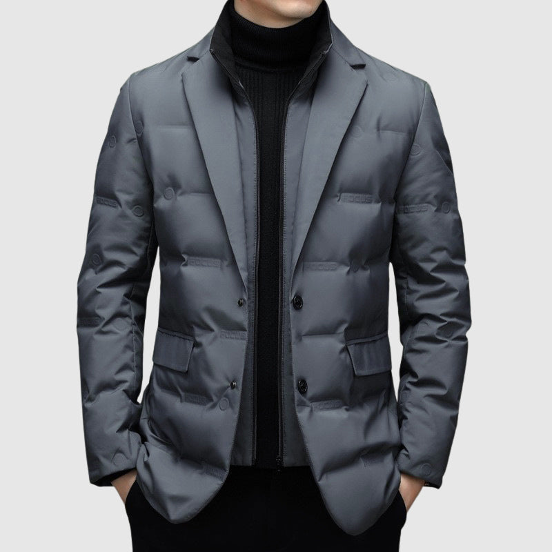 Men's Down Jacket with Duck Down Fill | Lapel Collar, Zip & Button Front | Black, Gray or Green | S–XXL