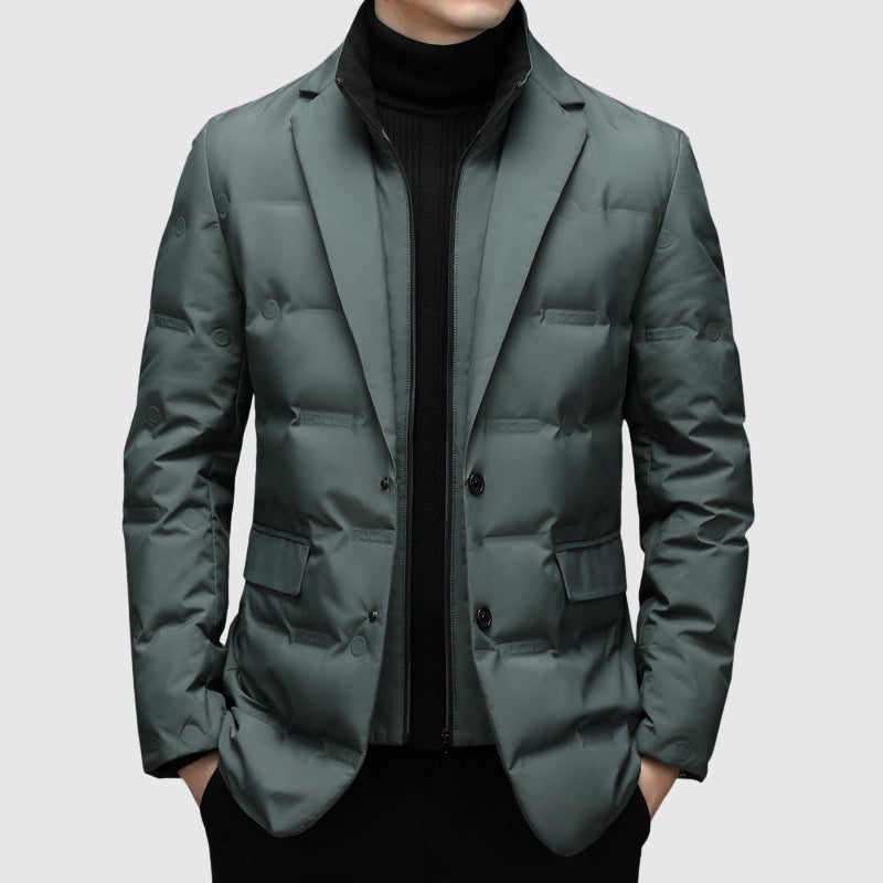 Men's Down Jacket with Duck Down Fill | Lapel Collar, Zip & Button Front | Black, Gray or Green | S–XXL
