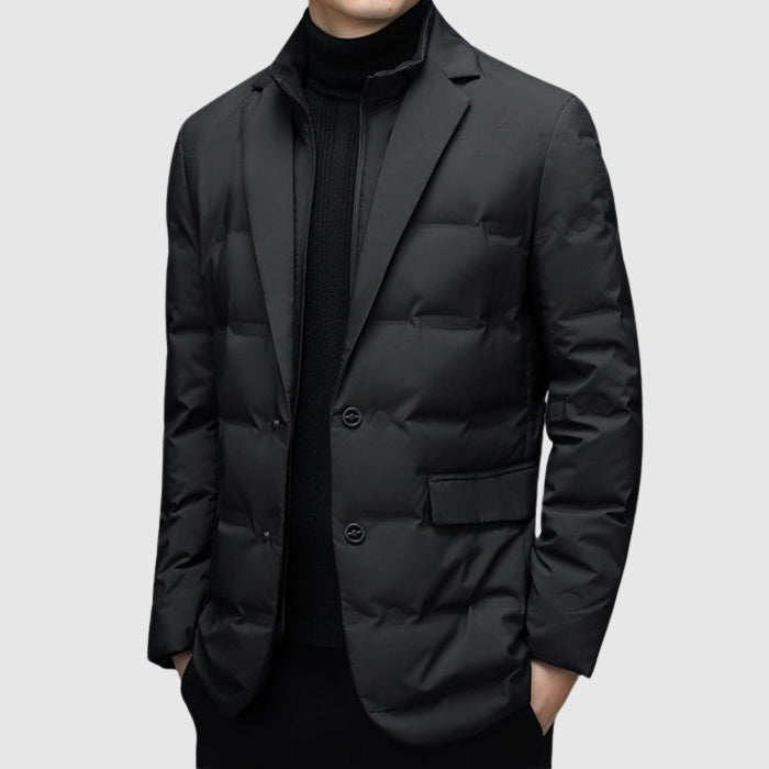 Men's Down Jacket with Duck Down Fill | Lapel Collar, Zip & Button Front | Black, Gray or Green | S–XXL