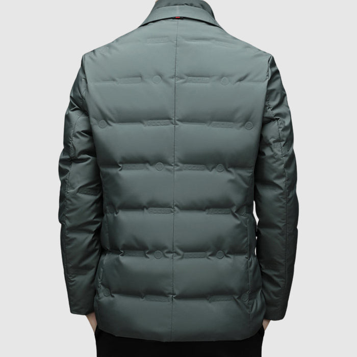 Men's Down Jacket with Duck Down Fill | Lapel Collar, Zip & Button Front | Black, Gray or Green | S–XXL