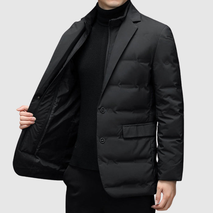 Men's Down Jacket with Duck Down Fill | Lapel Collar, Zip & Button Front | Black, Gray or Green | S–XXL
