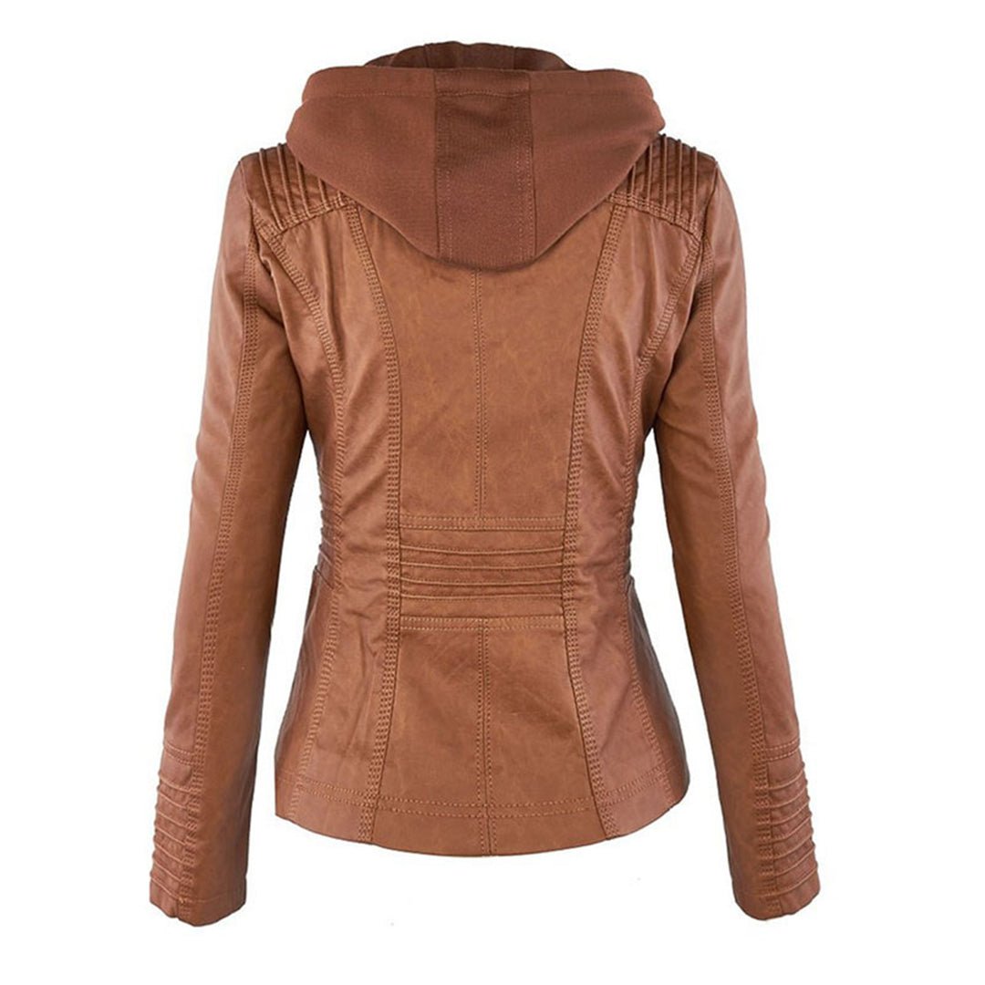 Leah Womens Faux Leather Biker Jacket with Removable Hood