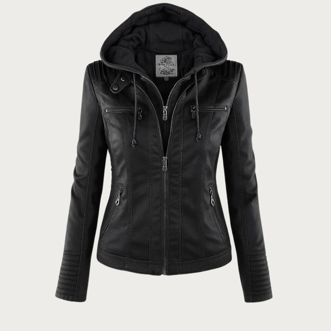 Leah Womens Faux Leather Biker Jacket with Removable Hood in Black