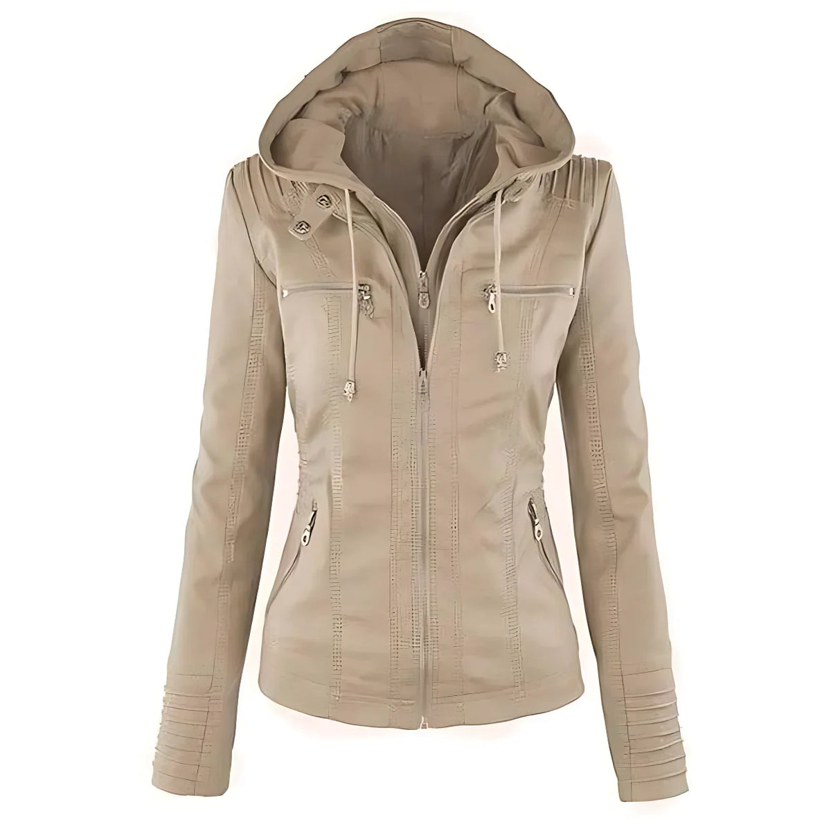 Leah Womens Faux Leather Biker Jacket with Removable Hood in Beige