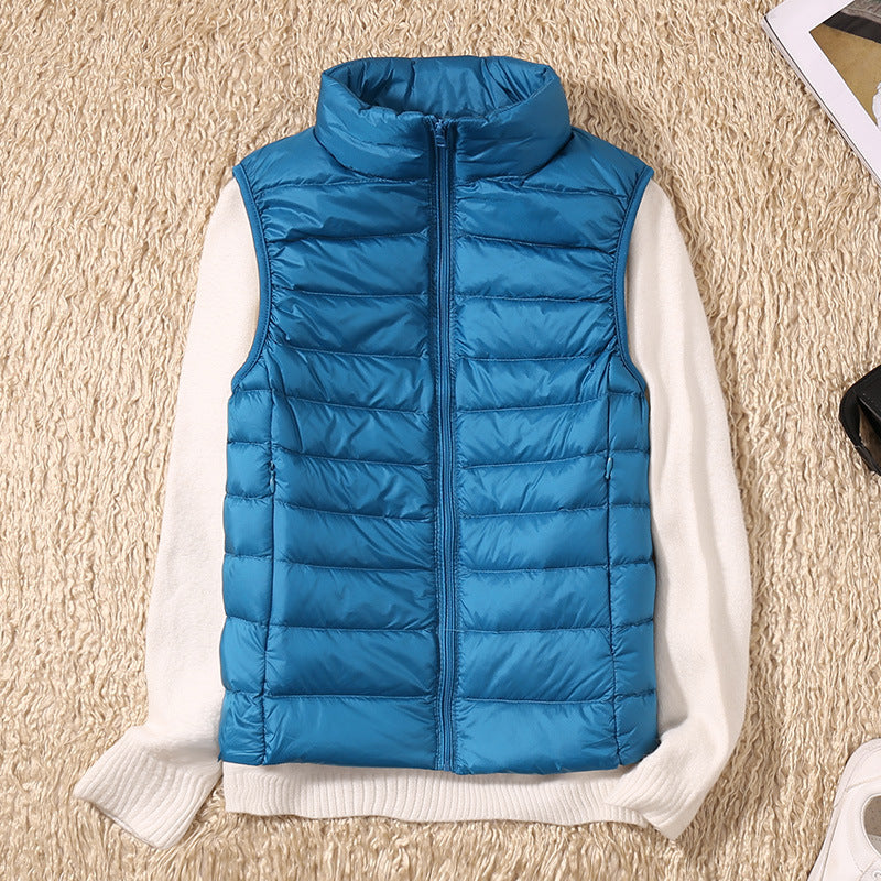 Erika Womens Padded Vest with Stand Collar and Zip Front in Blue