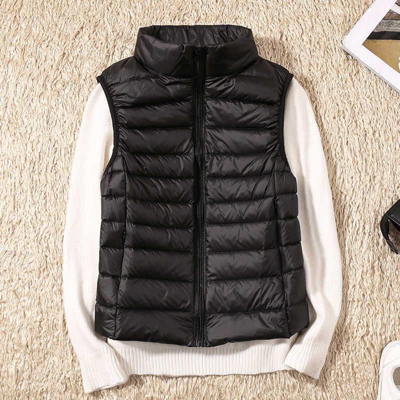 Erika Womens Padded Vest with Stand Collar and Zip Front in Black