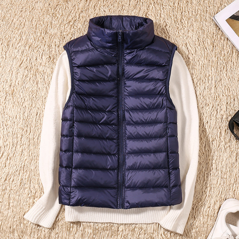 Erika Womens Padded Vest with Stand Collar and Zip Front in Navy