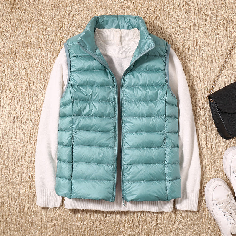 Erika Womens Padded Vest with Stand Collar and Zip Front in Light Blue