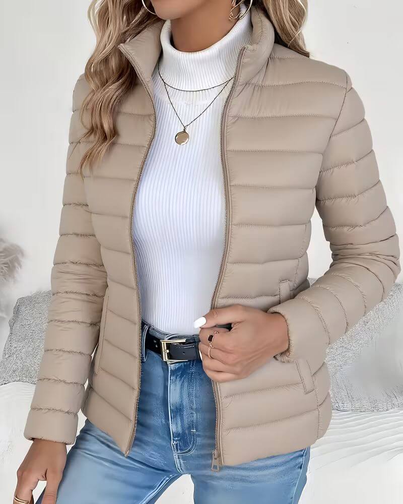 Jessica Womens Lightweight Puffer Jacket with Stand Collar in Beige