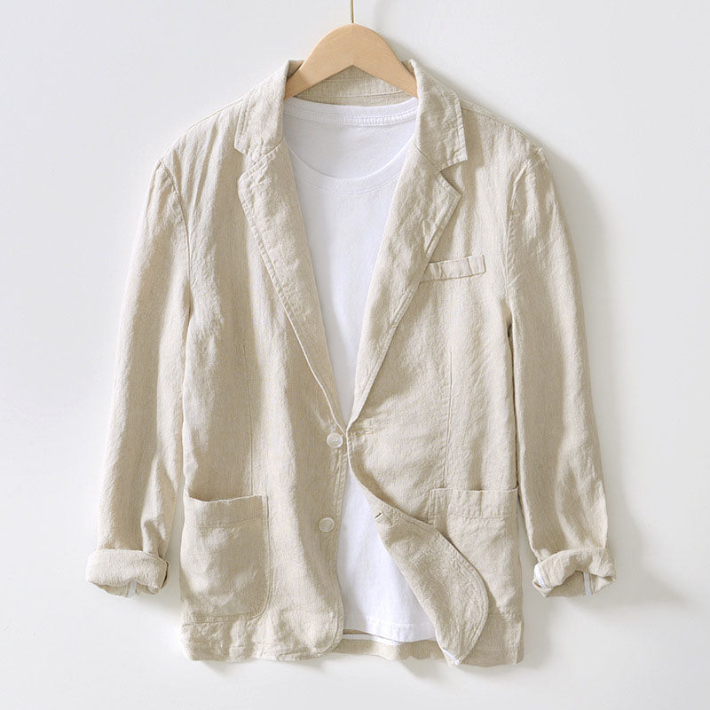 Men's Linen Blend Blazer, Unlined | Notch Lapel, Patch Pockets & Horn-Style Buttons | Beige, White, Gray or Blue