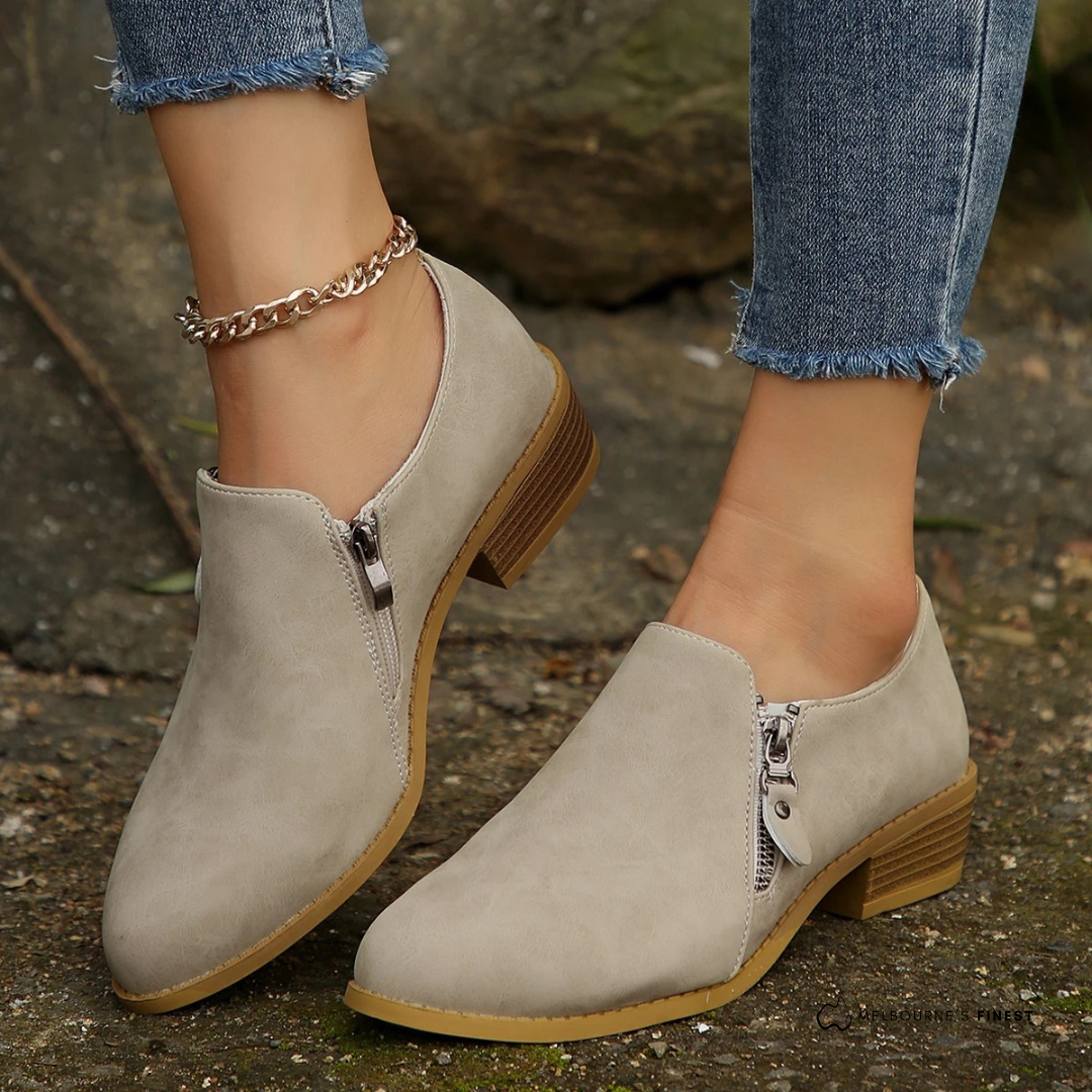 Bronte Womens Zip-Up Ankle Boots with Cushioned Footbed in Beige