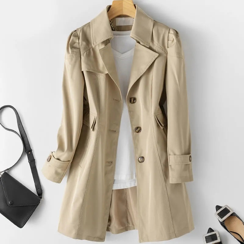 Véronique Womens Mid-Length Trench Coat with Belt in Beige