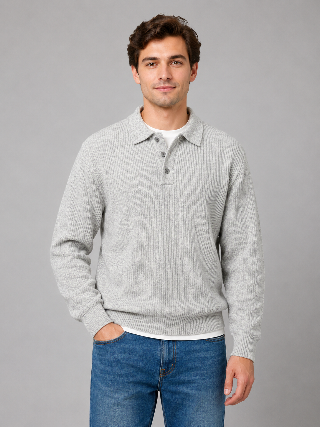 Keith Mens Polo Collar Knit Sweater with Buttons in Gray