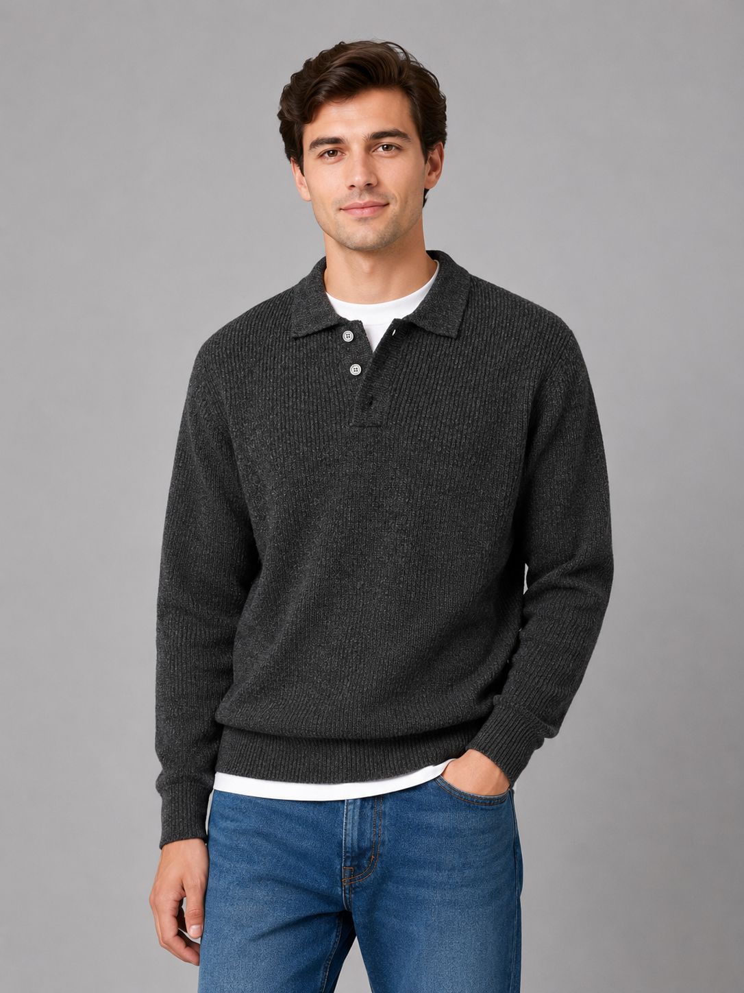Keith Mens Polo Collar Knit Sweater with Buttons in Black Gray