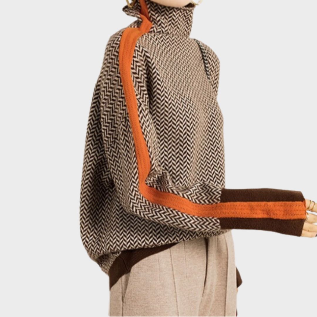 Women's Herringbone Turtleneck Sweater, Luxe Design | Refined Pattern, Flattering Fit | Orange or Green | One Size