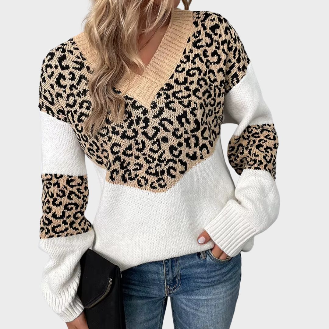 Gabriela | Women's Leopard Print V-Neck Sweater — Elegant Knit Pullover for Everyday Wear | Westmere