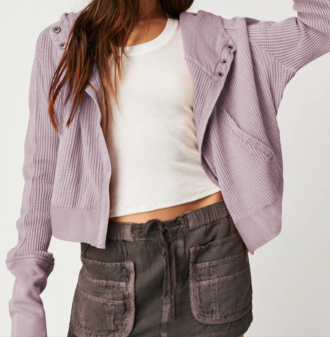 Christina Womens Cropped Zip Hoodie in Waffle Cotton