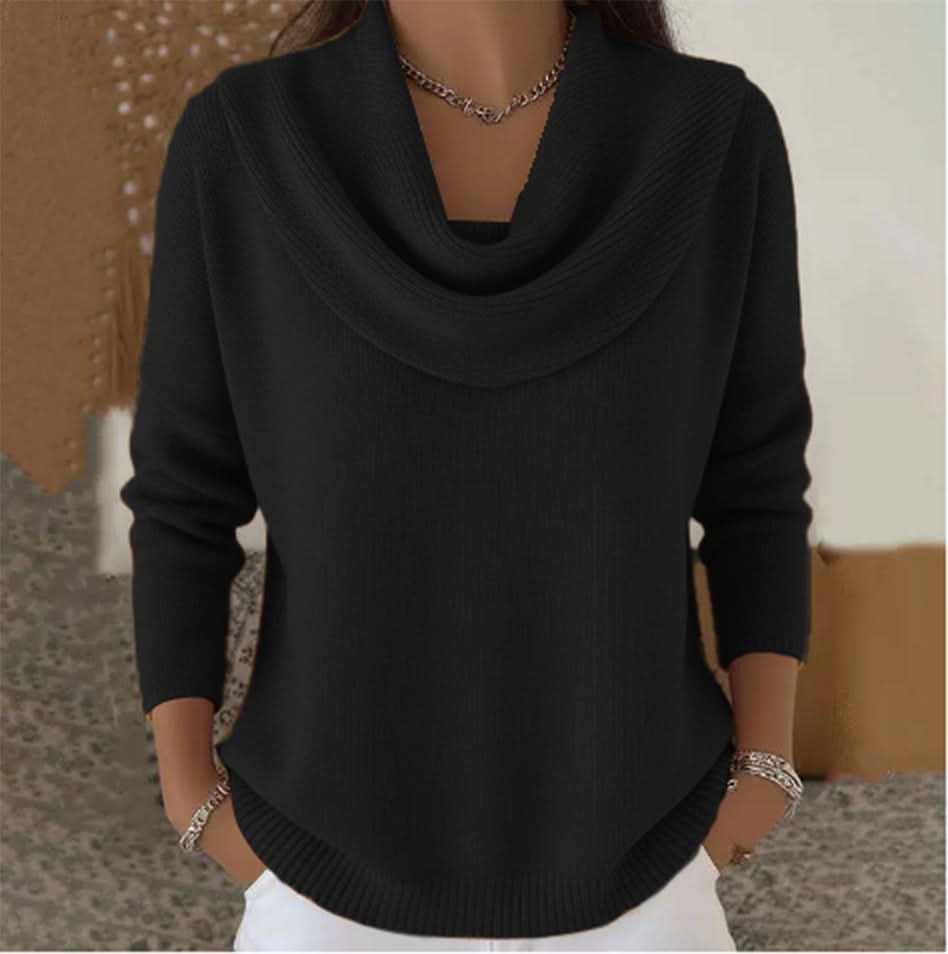 Natalie Womens Cowl Neck Knit Sweater in Soft Cotton in Black