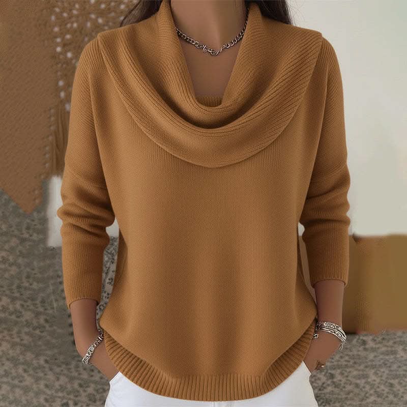 Natalie Womens Cowl Neck Knit Sweater in Soft Cotton in Brown