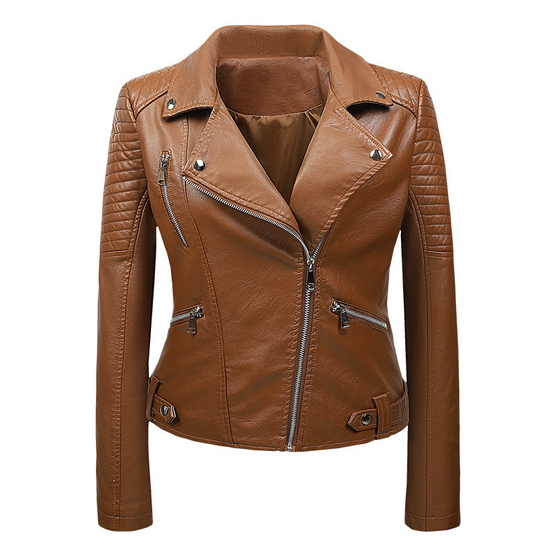 Brianna Womens Quilted Leather Biker Jacket with Asymmetric Zip in Brown